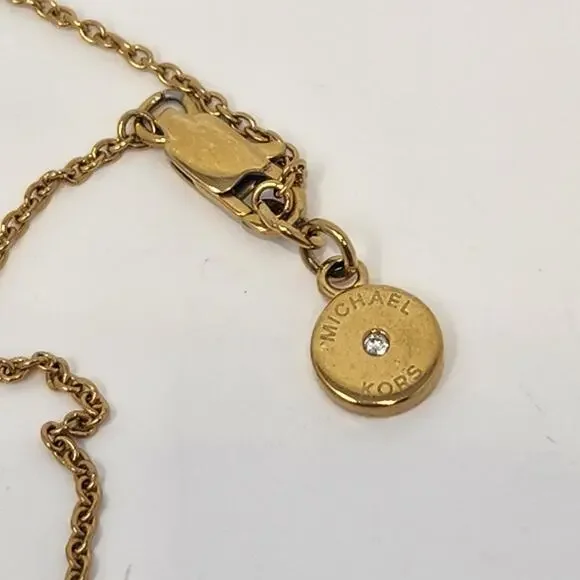 Michael Kors Gold Tone Acetate Logo Dog Tag Pendant Necklace Long Chain Designer - Picture 4 of 6